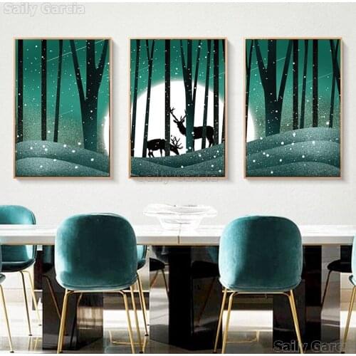 Scandinavian Poster Deer Forest Landscape Canvas Art Prints Wall Painting Nordic Decoration Wall Pictures for living Room Decor