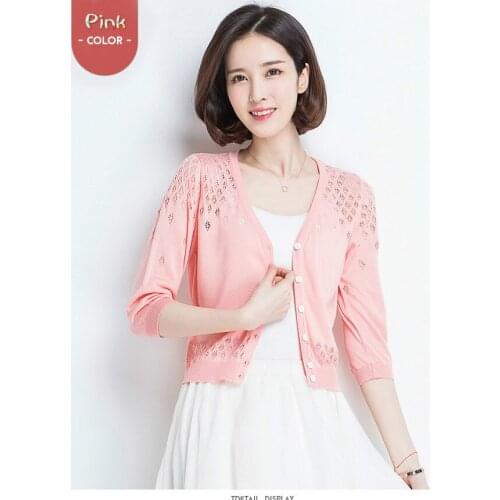 Spring women fashion slim single breasted hollowout casual knitted top female trendy color three quarter sleeve thin cardigan