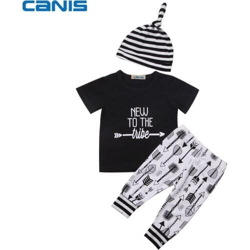 Newborn Toddler Baby Boy Girl Cute Clothes Round Collar Short Sleeve Tops T-shirt +Pants+ Hat Outfits Set 3Pcs