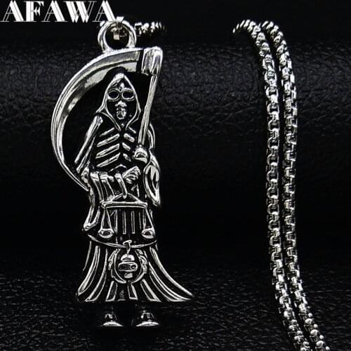 2021 Gothic Grim Reaper Gothic Stainless Steel Long Statement Necklace Men Silver Color Necklace Jewelry cadena hombre N19159