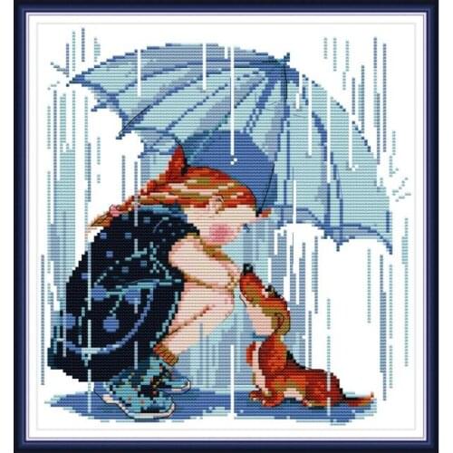 Girls and dog in the rain cross stitch kit aida 14ct 11ct count print canvas cross stitches needlework embroidery DIY handmade