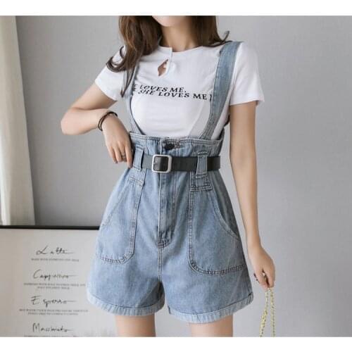 New Summer Girls Short Denim Jumpsuit Romper Women High Waist Belt Overalls Casual Jeans Short Bib shorts Plus Size S-3XL