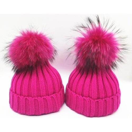 Wholesale hot New Winter Thick Fur Pompom Knitted Skullies Beanies Women Striped Bubble Warm Caps Knit Hat with Fur Ball
