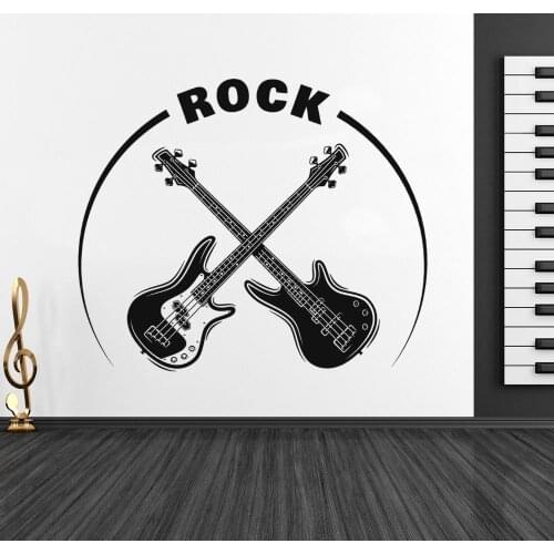 Crossed Bass And Electric Guitar Rock Shop Decal Wall Sticker Art Musical Instrument For Music Room Decoration Removable A002184