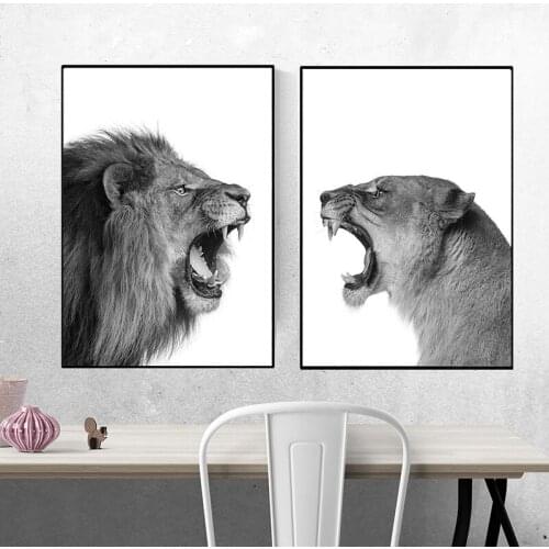 Lion and Lioness Poster Black White Woodlands Animal Wall Art Canvas Painting and Prints Wall Art Picture for Living Room Decor