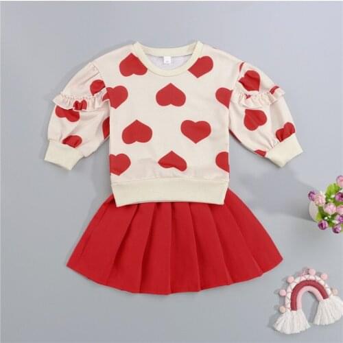 Kid Girls Casual Two-piece Clothes Sets Heart Printed Pattern Pullover Tops Pleated Mini Skirts Outfits Childrens Clothing