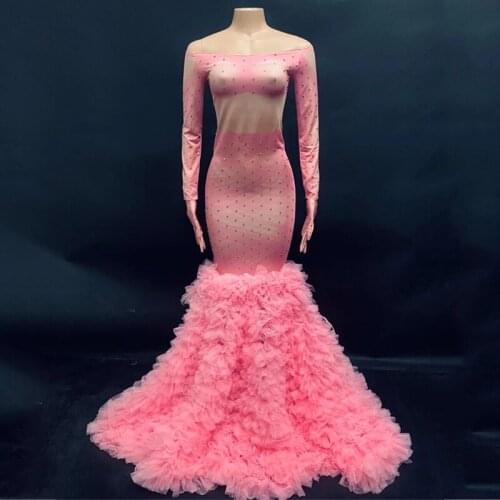 Sexy Pink Rhinestone Dress Long Sleeves Dress Women Birthday Celebrate Long Dress Bar Dancer Show Outfit Evening Dresses DQS5266