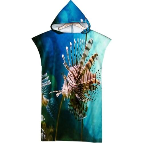 Blue Marine Life Colorful Fish Ocean Printing Outdoor Adult Hooded Beach Towel Poncho Bathrobe Towels Women Man Bathrobe
