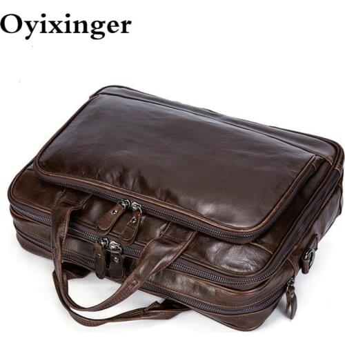 Large Capacity Mens Cowhide Laptop Handbag Business Soft Genuine Leather Men Briefcase For Macbook Air Hp Matebook Notebook Bag