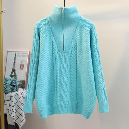 WWENN Turtleneck Zipper Sweater Autumn Winter Basic Oversize Thick Sweater Pullovers Women Long Sleeve Loose Pullovers Female