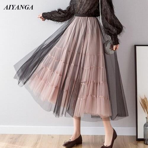 New Mesh Skirts Women 2019 Spring Summer Skirts Medium Long Style Big Hem Fashion Patchwork Elegant A-Line Skirt Ladies