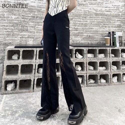 Flare Pants Women Summer Plus Size S-5XL Ulzzang Design Simple Aesthetic Vintage Lady Lace Trouser Soft Trendy Retro Streetwear