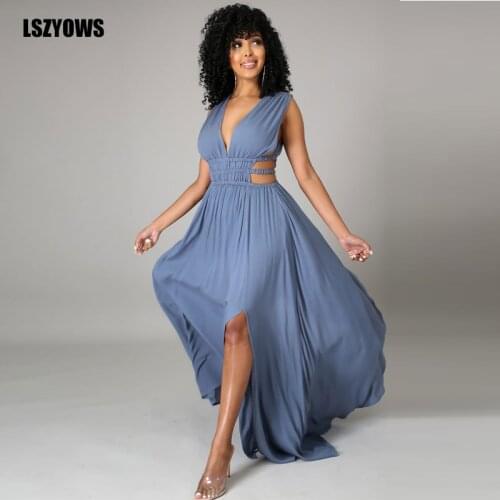 2021 Women Long Dress Sexy V-neck Sleeveless Hollow Out Ruched Maxi Dress Side Split Backless Ladies Club Party Dresses Vestidos