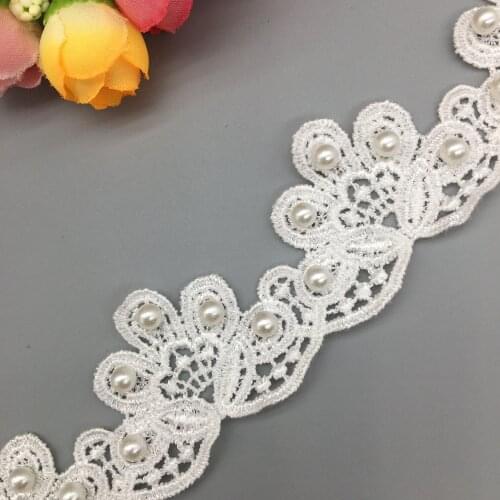 2 Yard Vintage Pearl Flower Embroidered Lace Trim Ribbon Applique DIY Sewing Craft Crochet Fabric Trimmings Wedding Dress