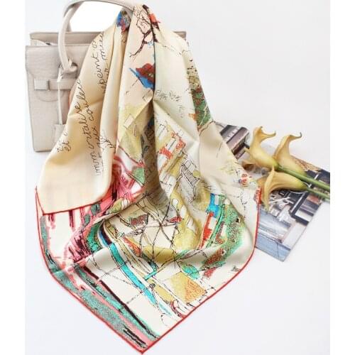 90cm Lady Silk Scarf 100% Twill Silk Square Scarfs Printed“ A city around the River” Handmade Scarves Wraps Shawl For Women Gift