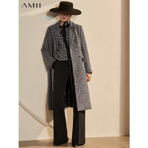 Amii Minimalism Autumn WInter Temperament Womens Jacket Fashion OLstyle Lapel Plaid Calf-length Coat Female 12070583
