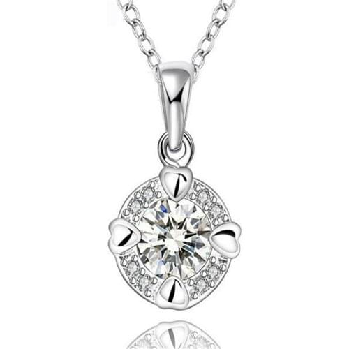 Pure 925 Sterling Silver colorNecklace Female Crystal Ball Pendant Necklace Silver colorChain Elegant Brief Anti-allergic