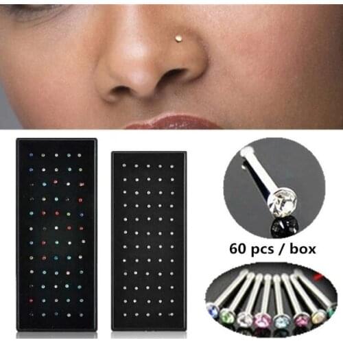 60PCS Stainless Steel Crystal L Shape/Straight Nose Ring Body Piercing Stud