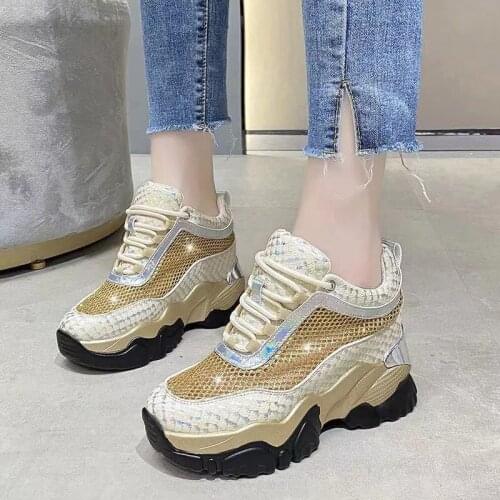 Summer Breathable Chunky Sneakers for Women 2021 Spring Gold Silver Mesh Woman Platform Vulcanize Shoes Thick Bottom Sandals 5cm