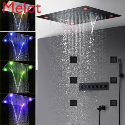 Luxury Black Shower Head Set Thermostatic Mixer Modern Large 800x600mm Waterfall Rain Spray Shower Panel With 4 Inch Body Jets