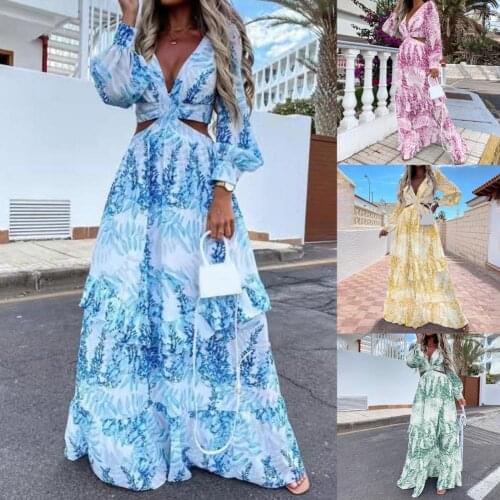 Hot SalesWomen Maxi Dress Long Sleeve Large Hem Deep V Neck Floral Leaf Print Dress for Beach