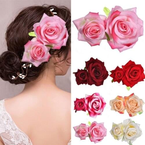Handmade Velvet Double Rose Flower Hair Clip Women Girls Wedding Flamenco Dancer Hairpins Bridal Bridesmaid Barrettes