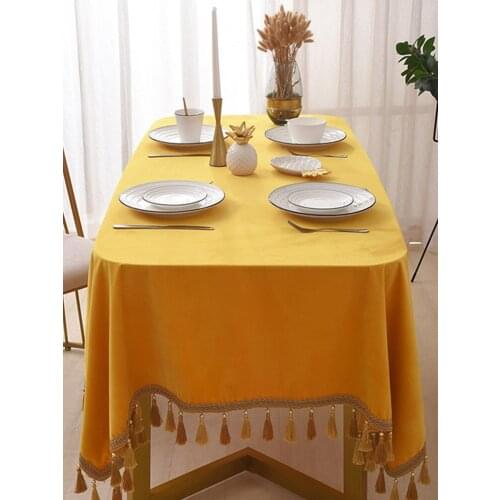 Nordic Solid Yellow Rectangular Tablecloth American Light Luxury Velvet Tassels Dining Table Covers Modern Simplicity Cloth