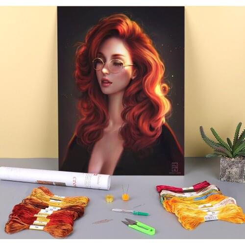 Cartoon Girl Woman Printed Water-Soluble Canvas 11CT Cross-Stitch Full Kit DIY Embroidery DMC Threads Hobby Painting Gift