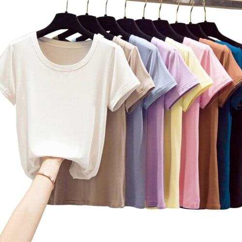 Gkfnmt Plus Size S-5XL Candy Color Modal Tshirt Women Clothing Summer Tops Tshirt Short Sleeve Casual Solid Pink Tee shirt Femme