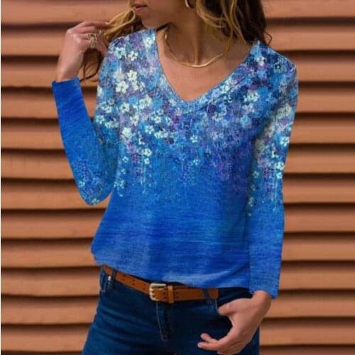 2021 New Spring Autumn Women Floral Print T Shirt Casual Streetwear Fashion Female V-Neck Long Sleeve Large Size Tops 4XL 5XL