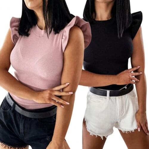 Women T-Shirt Top Solid Color All-match 2021 Summer Female T Shirt O-Neck Ruffles Short Sleeve Slims Fit Splicing Design Tshirt