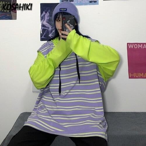 KOSAHIKI Hoodie Women Striped Harajuku Womens Top Clothes Streetwear Loose Casual Pullover Korean Fake Two Piece Sweatshirt