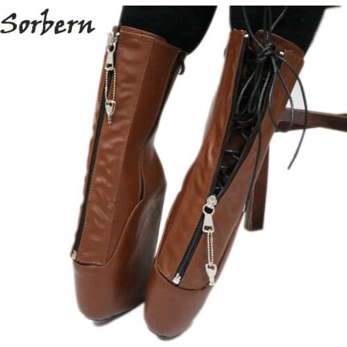 Sorbern Calf Ballet Wedge Boot Women Large Size 44 Zip Lockable Hoof Heelless Pinup Brown Matte Shoes Unisex Fetish Heels New