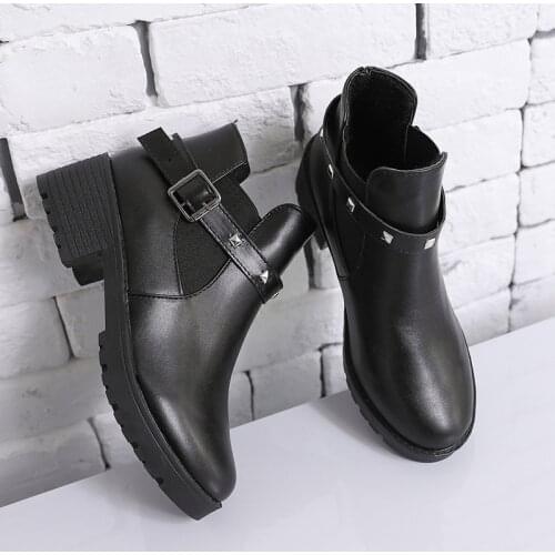 Womens Leather Shoes Autumn Fashion Boots Slip On Rivet Buckle Strap Solid Thick Heels Ankle Boots Classics Ladies Footwear New