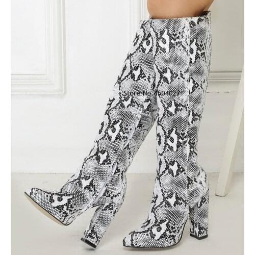 Ladies Fashion Knee High Boots Womens Snake Print Pointed Toe Chunky Heel Boots Shoes