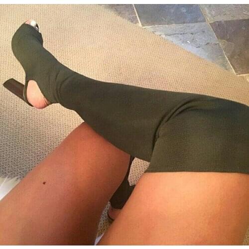 Hot Slingback Wood Heel Female Autumn Boots Women Over The Knee Stretch Knit Boots Peep Toe Ladies Chunky High Heel Thigh Boots