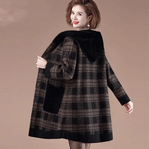 High Quality Women Imitation Mink Velvet Coat Autumn Winter Plaid Hooded Long Jacket Female Knit Sweater Cardigan Jacket 5XL2271