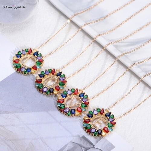 Banny Pink 2019 New Copper Initial 26 English Alphabet Pendant Necklace For Women Rainbow Cubic Zirconia A-Z letter Name Choker