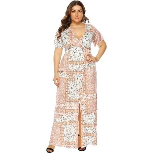2020 Vintage Printed Party Beach Bandage Long Dress Women Plus Size Loose Split Ruffles Kaftan Robe Pleated Tunic Femme Vestido
