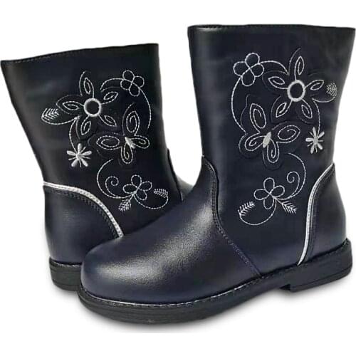 Super quality 1pair zip Fashion Leather flower children boot, blue Kid GIR shoes girls boots