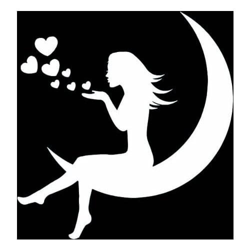12.9*13.6CM Girl Sit On The Moon Play With Hearts Popular Fashion Style Vinyl Decal Black/Silver Car Sticker C20-0785