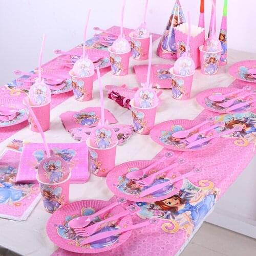 120Pcs/Lot Cartoon Disney Sofia Theme Disposable Cup Plate Birthday Party Decoration Tableware Supplies For Kid