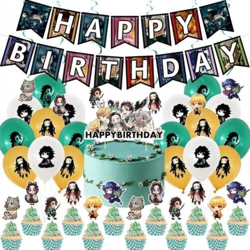 38Pcs/set Japanese Anime Demon Slayer Theme Party Decoration Kimetsu No Yaiba Banner Cake Toppers Balloon Kids Birthday Supplies
