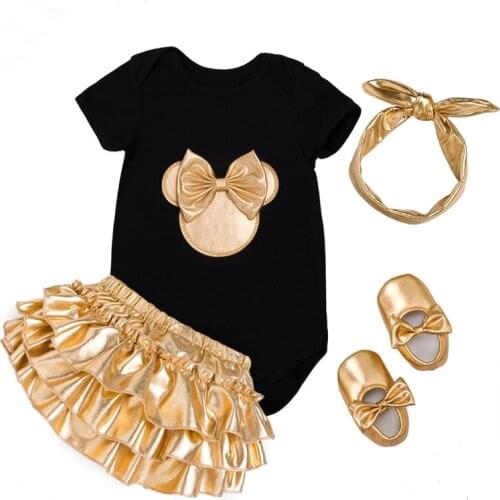 Infant Baby Girls Clothing Sets Summer 4Pcs Clothing Sets Black Cotton Rompers Golden Ruffle Bloomers Shorts Shoes Headband