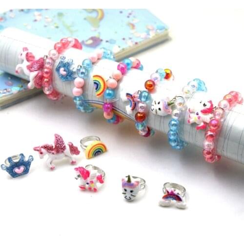 6/12pcs Bracelet Party Bracelets Unicorn Crown Rainbow Candy Color Beads Children Kids Beads Bracelets Rings Set for Girls Gift
