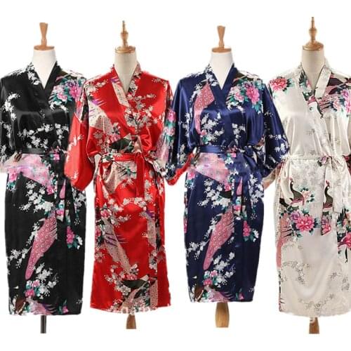 9Color Satin Japanese Style Kimono Women Yukata Dress Traditional Peacock Thin Clothing for Japanese Adult Loose Pajamas
