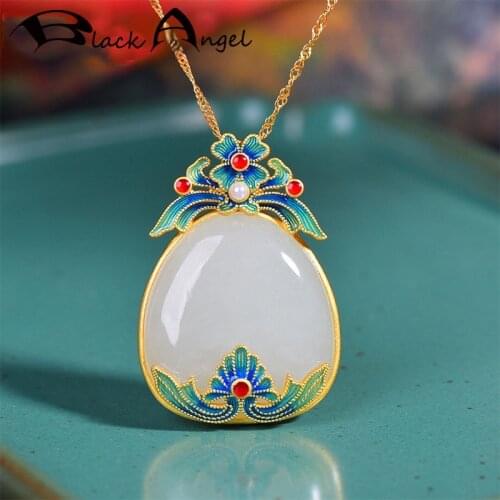 BLACK ANGEL New Vintage Chinese Wind Jewelry Created White Jade Gold Peony Flower Pendant Necklace for Women Mothers Day Gift