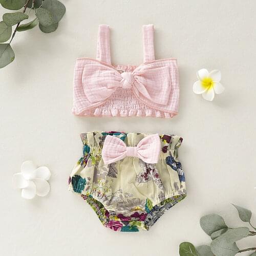 0-24M Newborn Kids Baby Girl Floral Clothes Bowknot Sleeveless Corp Top and Shorts Summer Cute Lovely Outfits Cotton Sunsuit