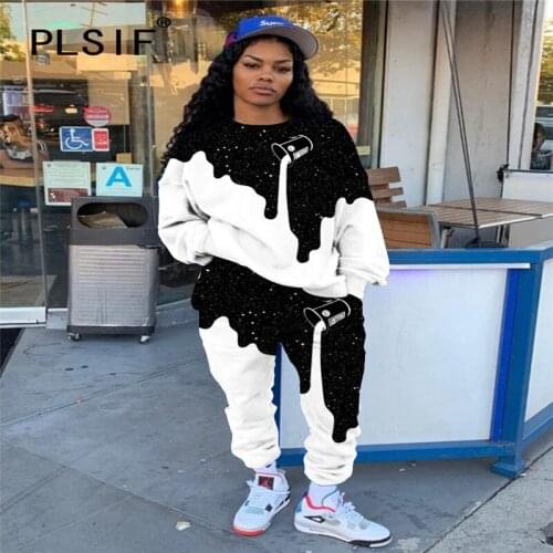 Women O Neck Sporty Tracksuit Print 2 Pieces Tops And Long Pant Set Female Matching Suit