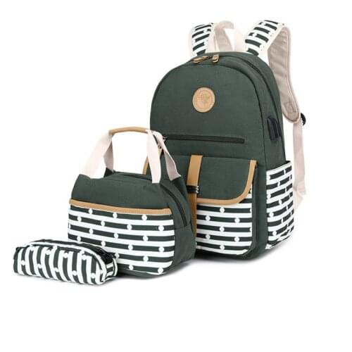 Canvas Backpack Women School Bags 3pcs/set For Teenage Girls Fashion Stripe Student Book Bag Travel Backpacks Mochila Bagpack